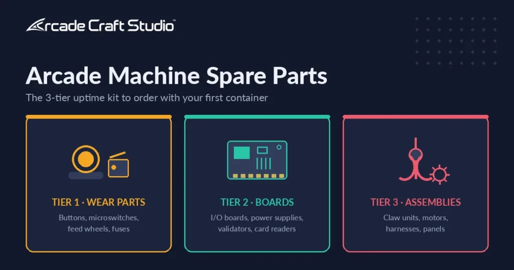 Arcade machine spare parts kit diagram: three tiers covering wear parts, boards, and assemblies to order with your first container