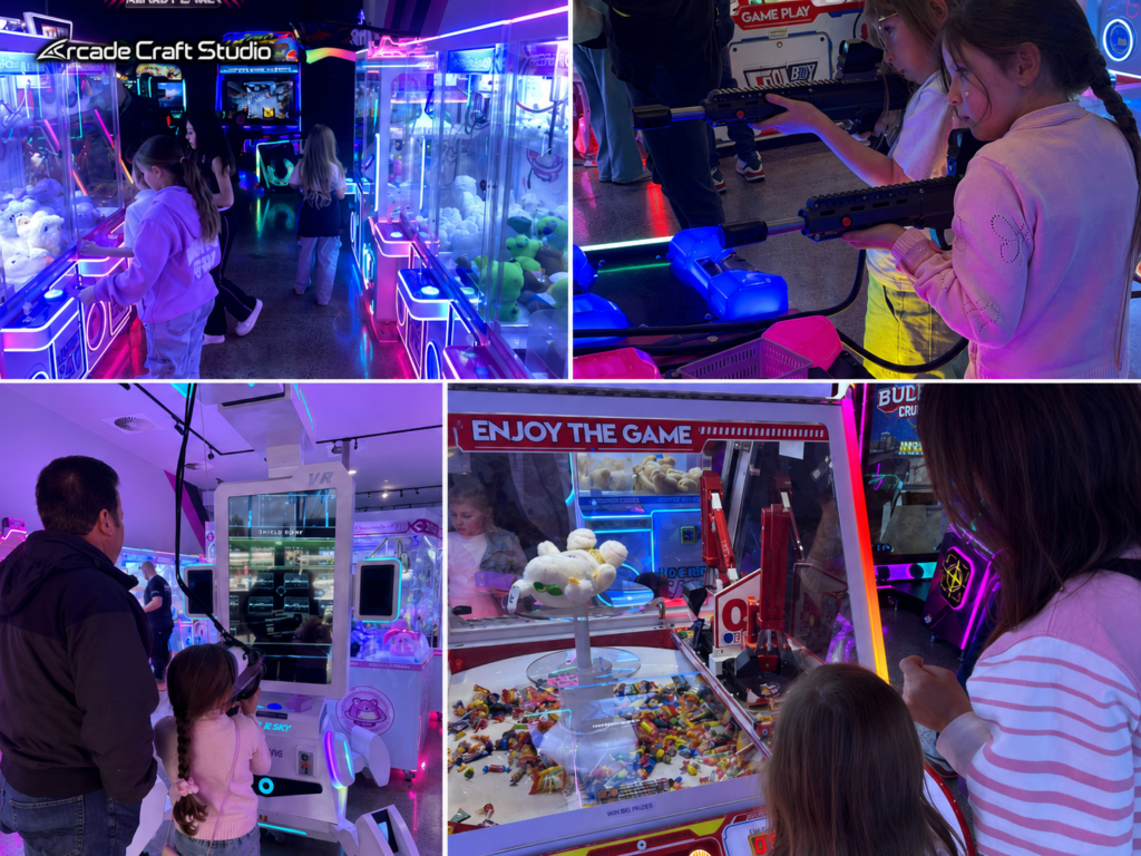 Neon-lit family arcade in Australia with crane claw machines full of plush toys, a light-gun shooting game, a VR pod and a candy-prize crane machine