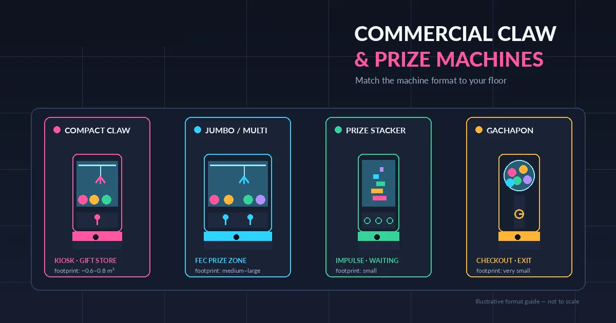 Commercial claw machine for sale: crane, prize-vending and gift machine formats compared for FEC, mall and gift-store floors