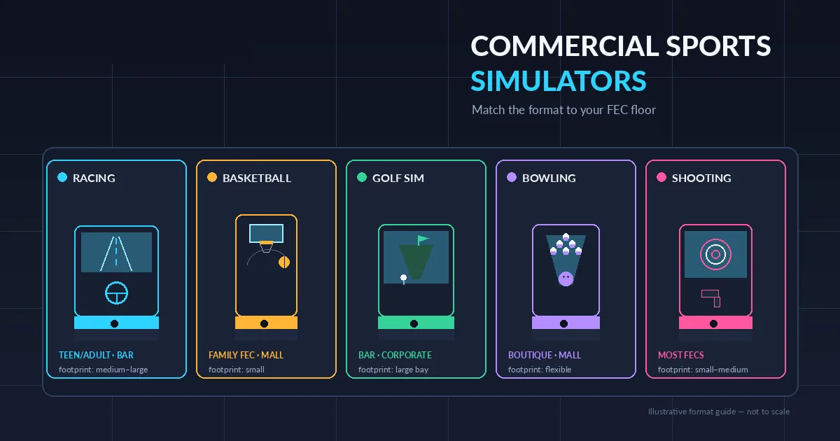 Commercial sports simulator formats for an FEC floor, compared by venue fit and footprint