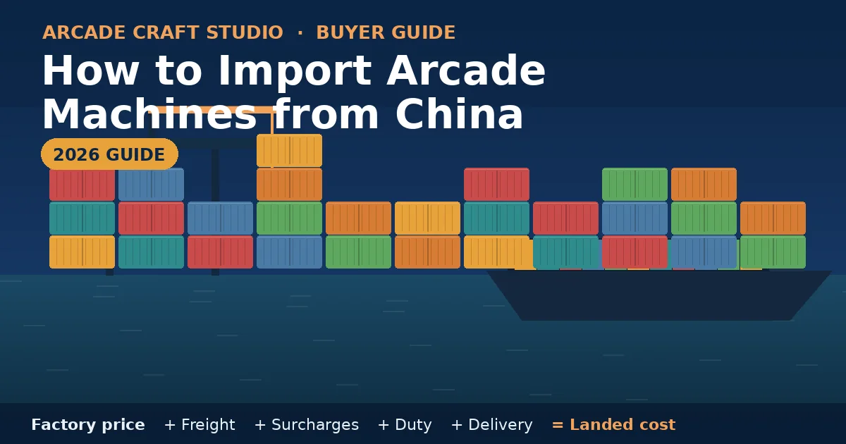 Stacked shipping containers, a cargo ship and a gantry crane illustrating the landed cost of importing arcade machines from China