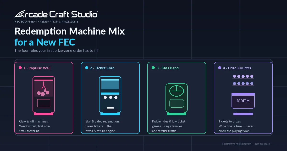 Redemption machine mix for a new FEC: diagram of the four machine roles — impulse wall, ticket core, kids band, and prize counter