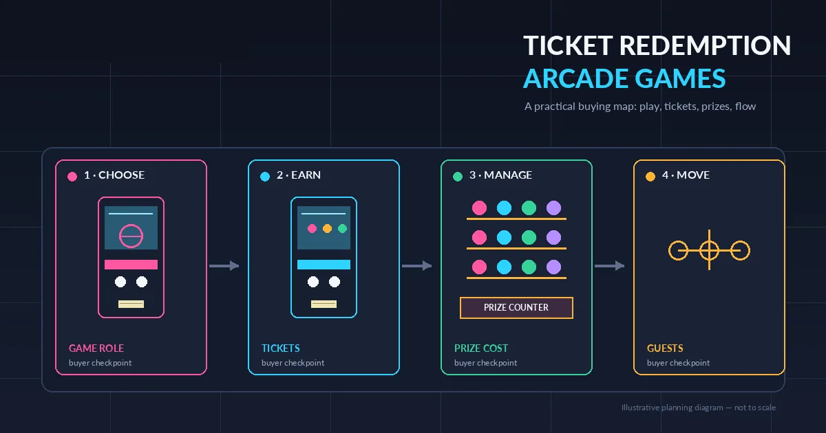 Ticket redemption arcade games buying map showing game role, ticket earning, prize management and guest flow