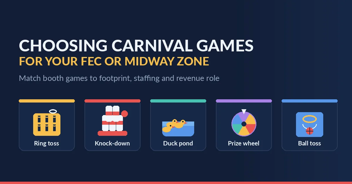 Carnival games for sale for an FEC or midway zone: ring toss, knock-down, duck pond, prize wheel and ball toss booth games compared