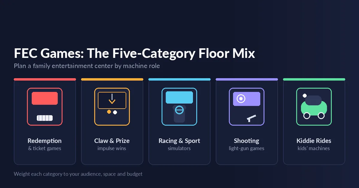 FEC games mix chart grouping a family entertainment center floor into five machine categories: redemption and ticket games, claw and prize machines, racing and sports simulators, shooting games, and kiddie rides