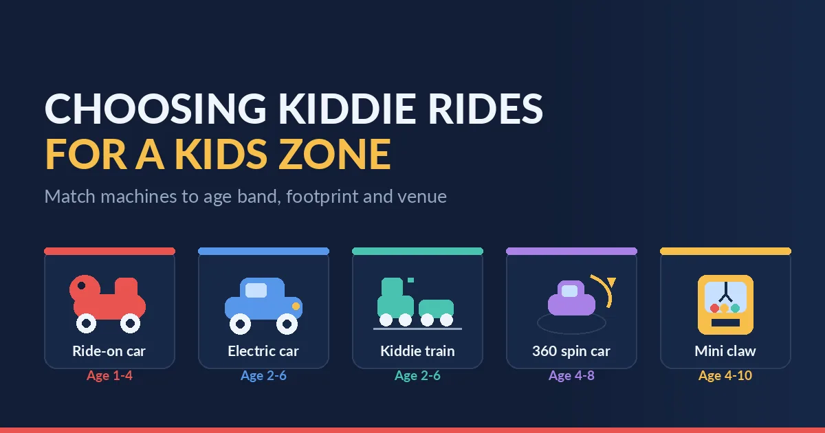 Kiddie rides for sale compared by age band and footprint for an FEC kids zone