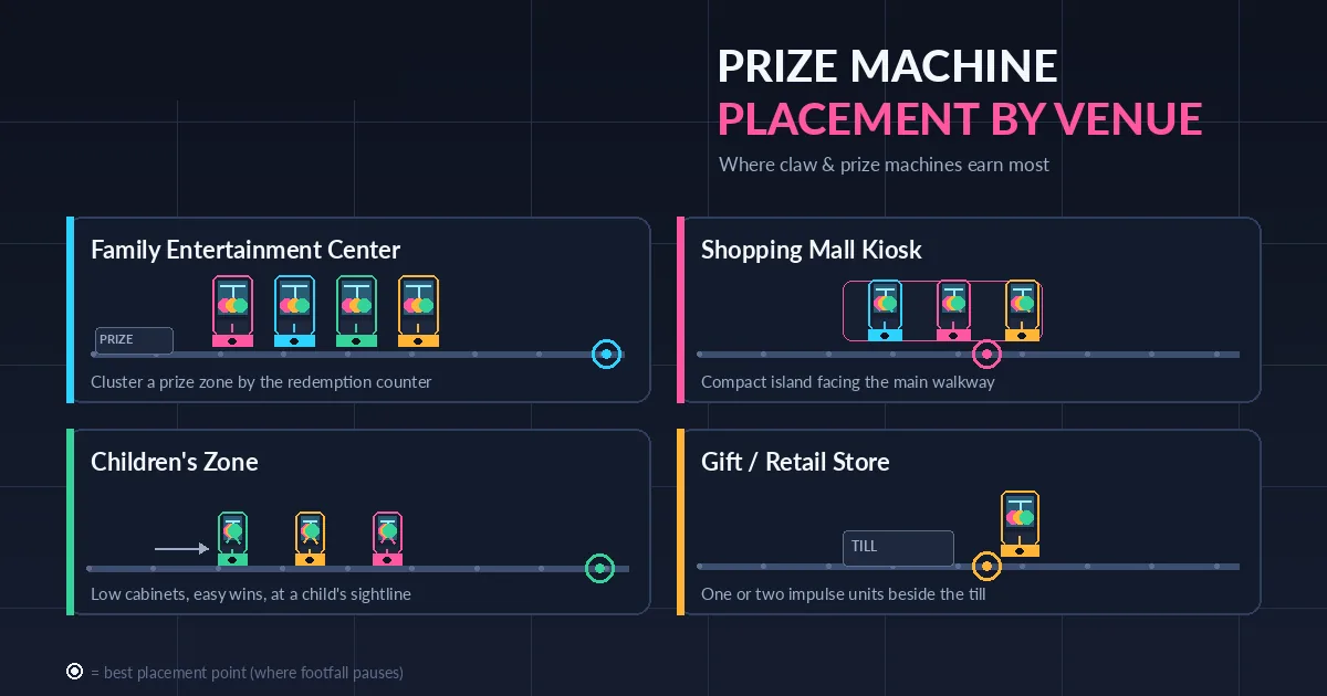 Prize machine placement by venue — where claw and prize machines for sale earn most across an FEC, mall, children's zone and gift store