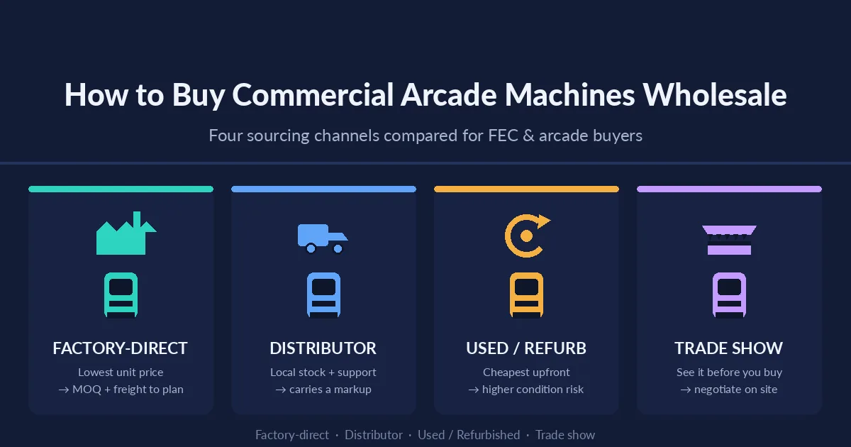 Four wholesale sourcing channels for commercial arcade machines compared: factory-direct, distributor, used, and trade show