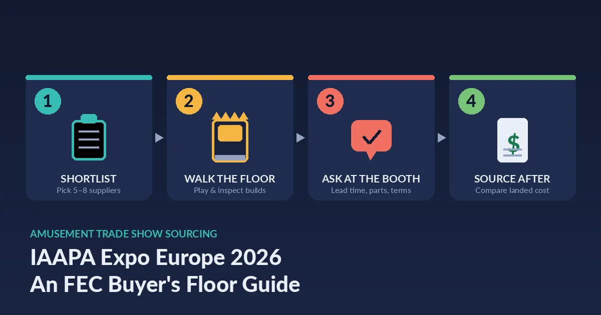 IAAPA Expo Europe 2026 FEC buyer's floor plan showing four booth-visit stages: shortlist suppliers, walk the floor, ask booth questions, and follow up on sourcing