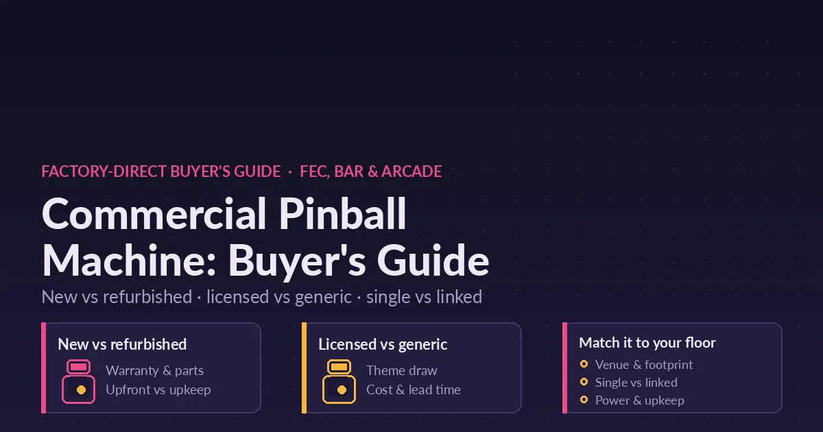 Commercial pinball machine buyer's guide — comparing new vs refurbished, licensed vs generic and single vs linked pinball cabinets by venue