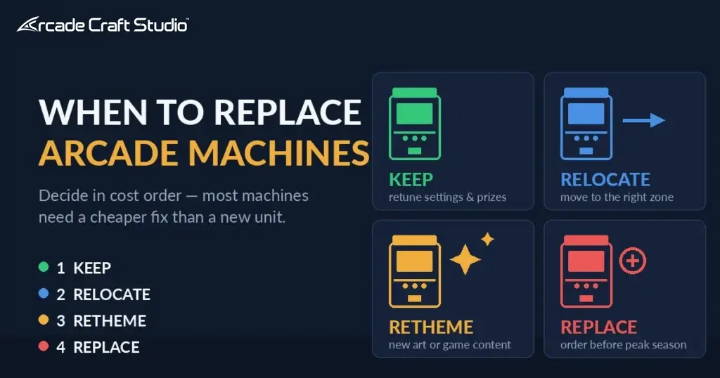 Decision matrix showing when to replace arcade machines: keep, relocate, retheme or replace
